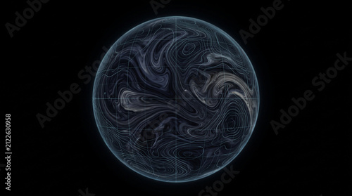 Abstract circular orb with fluid swirl textures on black.