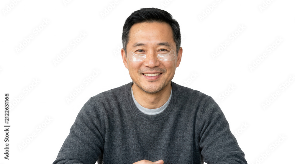 Fototapeta premium A smiling middle aged man prioritizing mental wellness with under eye patches for self care and joy in his golden years