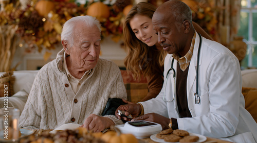 Home health aide assisting an elderly man with remote patient monitoring home system setup in a cluttered but cozy living room filled with autumn harvest decorations, the aide