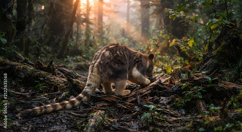 Fototapeta premium Ringtailed lemur foraging in a sunlit forest