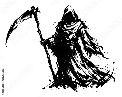 Obraz na płótnie Grim Reaper hooded figure holding scythe in dark gothic ink brush style