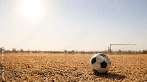 sports football climate drought damaged rural pitch with dry grass and intense summer heat

