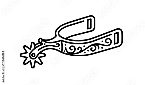 Fotografie A simple black and white line drawing of a western cowboy spur with decorative s