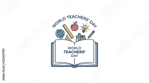 World Teachers Day celebration emblem with open book and school supplies.