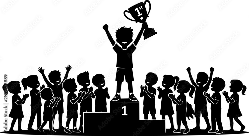 Obraz premium Little boy holding trophy winner competition in front of group of kids vector silhouette. Boy raising his hands with trophy celebrating victory silhouette