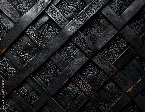 Inden lacquered deerskin with raised geometric lattice in deep black, matte leather texture