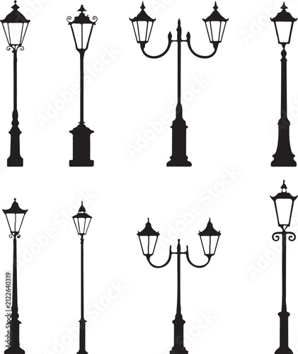 Vintage Street Lamp Vector Illustration Set with Antique Iron Lamppost Silhouettes for City Architecture Lighting and Retro Urban Design