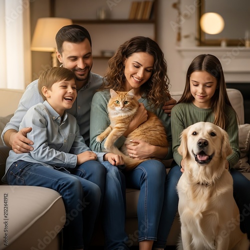Family with dog enjoying indoor living room time.