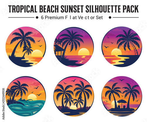 Tropical beach sunset silhouette vector badge set featuring palm trees, ocean waves, beach umbrella and sunset landscape for summer vacation concept