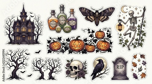 Collection of spooky halloween themed illustrations featuring haunted houses pumpkins skulls ravens and vintage potion bottles on white