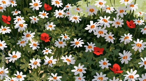 Watercolor-style floral background illustration featuring white daisies and vibrant orange poppies blooming across a meadow.