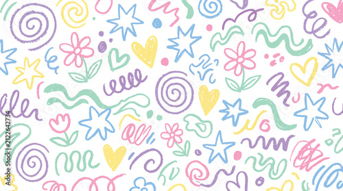 Colorful doodle pattern with flowers hearts stars and swirls on a white background