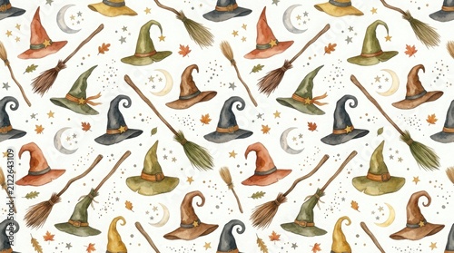 Seamless pattern with watercolor witch hats and broomsticks for halloween celebration design on a white background