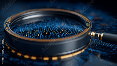 Magnifying glass examining digital data lines represents information analysis cybersecurity research and database inspection.
