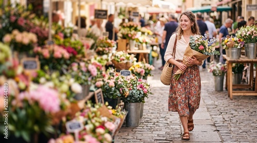 A woman smiles brightly as she strolls through a vibrant outdoor flower market, carrying a beautiful bouquet.