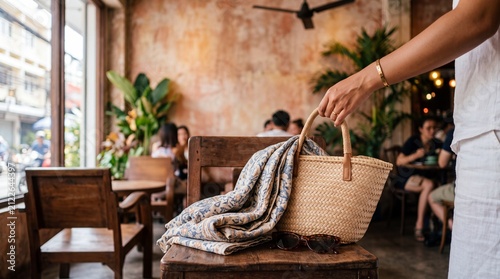 A rustic straw picnic basket rests on a vintage wooden chair inside a bohemian-style cafe, with blurred patrons enjoying their drinks in the background.