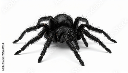 Large black spider on white background. Macro shot of a hairy arachnid isolated on white.