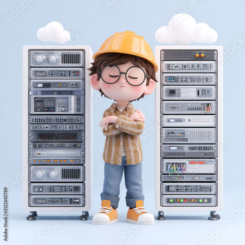Cute 3D cartoon boy engineer wearing a hard hat, working on a network server rack, isolated on a plain background with soft colors. 
