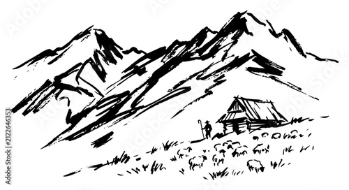 Quadro su tela High mountain range with cabin and sheep herd in expressive brush stroke style