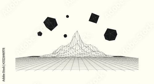 Obraz na płótnie Minimalist Retro Futurism Wireframe Mesh Mountain with Floating Polyhedrons on a Grid Background