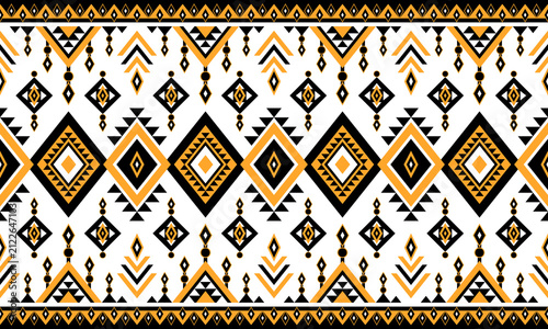 Seamless orange and black tribal geometric pattern featuring bold diamond motifs, ethnic ornamental borders and traditional boho textile design on white background.
