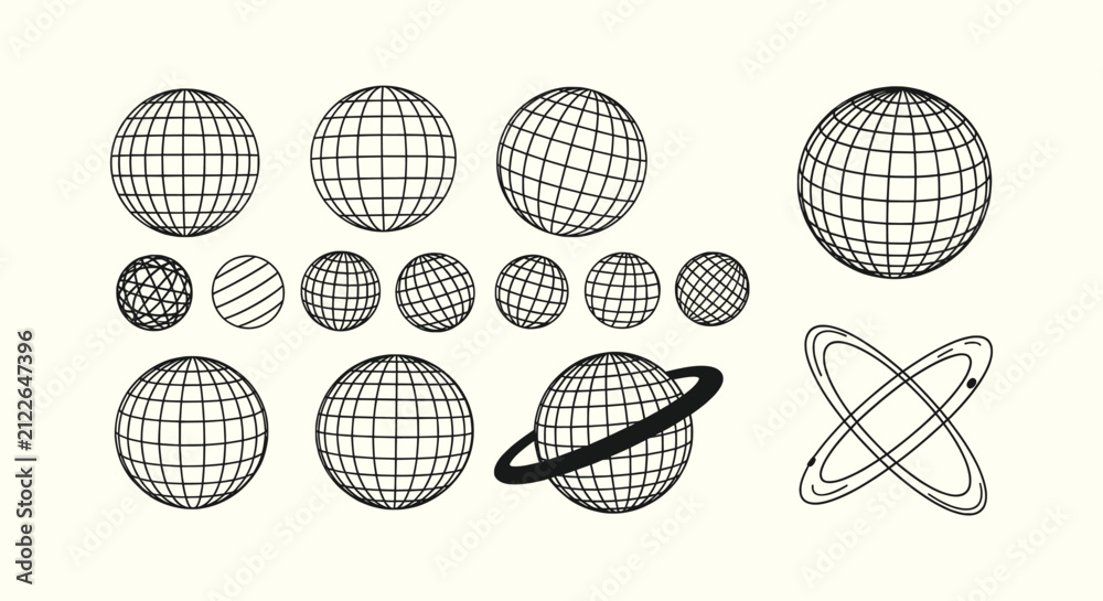 Obraz premium Set of Minimalist Wireframe Globe Icons and Geometric Sphere Elements for Modern Graphic Design