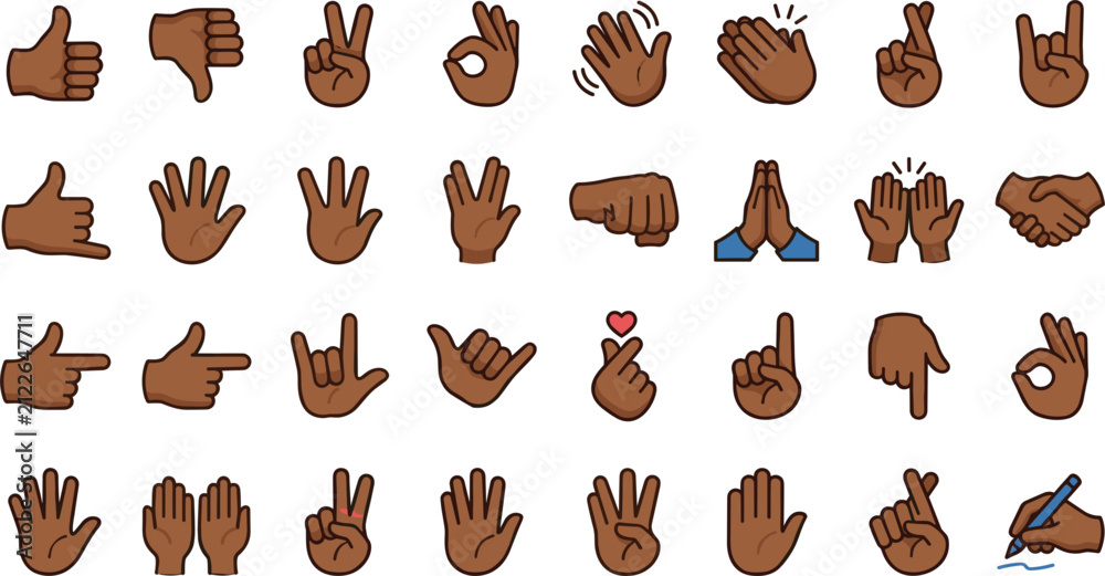 Fototapeta premium Hand Gestures and Finger Signs Vector Illustration Set with Dark Skin Tone