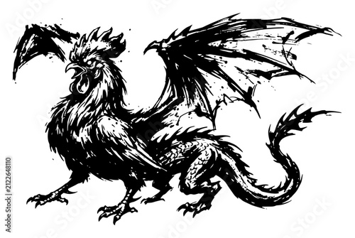 Foto Cockatrice mythical creature with dragon wings and rooster head in hand drawn in