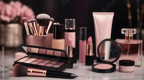 A collection of elegant pink and nude makeup products including brushes, lipsticks, eyeshadow palette, foundation, and perfume displayed on a marble surface.
