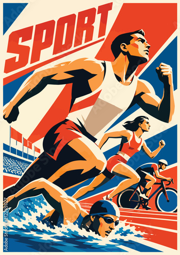 095-32-Athletes running, swimming, and cycling in a retro propaganda poster design
