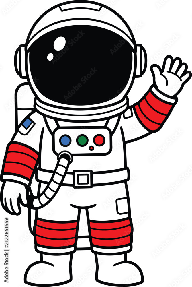 Obraz premium Cartoon astronaut waving, cute space explorer vector, friendly cosmonaut icon