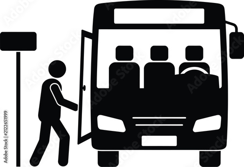 Public bus transport icon, passenger boarding city bus, black shuttle vector