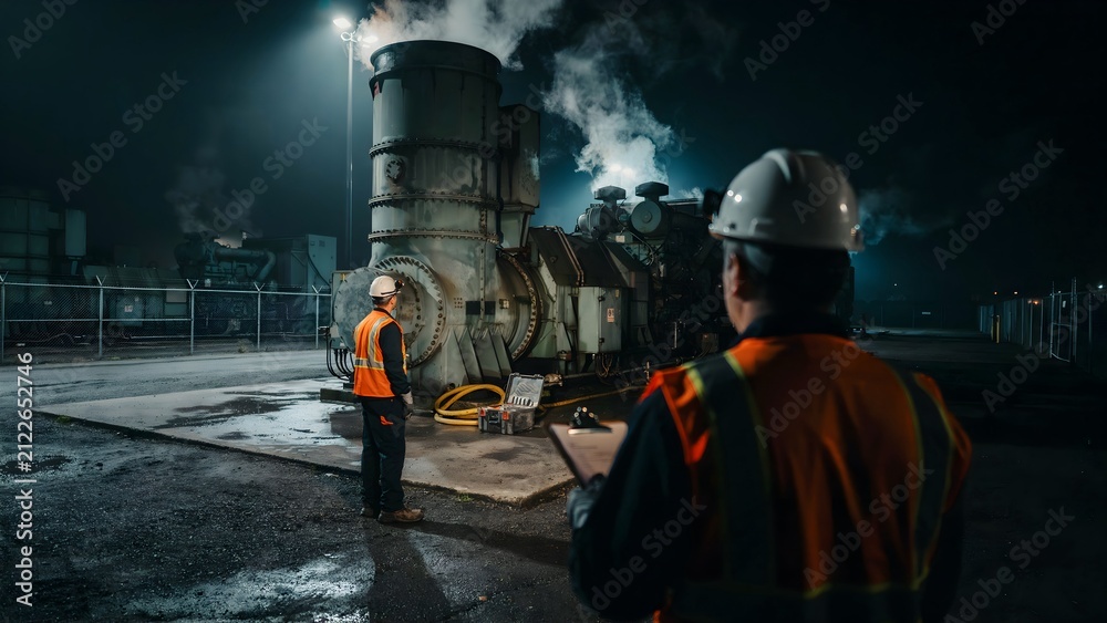 Fototapeta premium Workers inspecting industrial steam generator at night in power plant facility