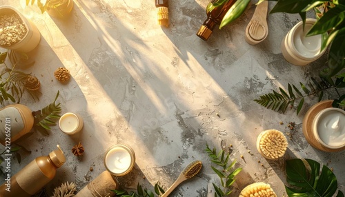 Holistic spa and beauty products flat lay background.