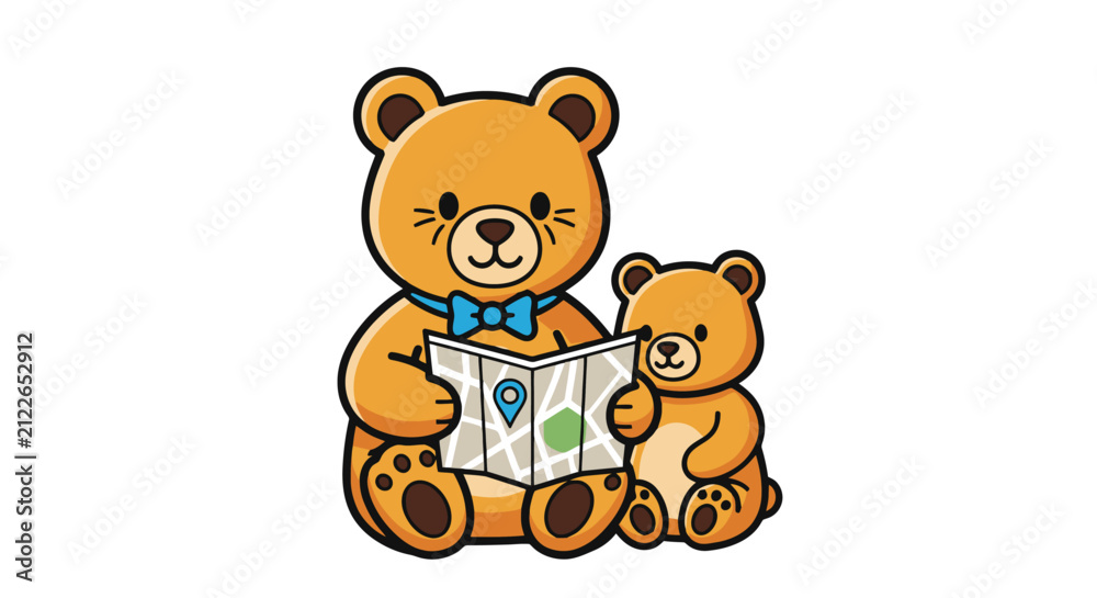 Fototapeta premium Two adorable teddy bears are sitting together, one larger than the other, looking at a map with location pins.