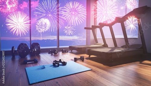 Home gym with equipment and celebratory fireworks window view.