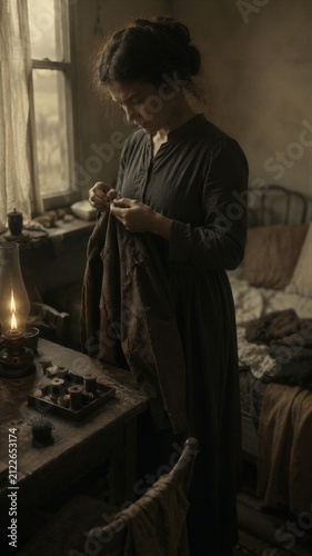 Woman sewing worn garment in dimly lit room. Seamstress repairing old clothes at home. Historical poverty and hardship of early twentieth century life.