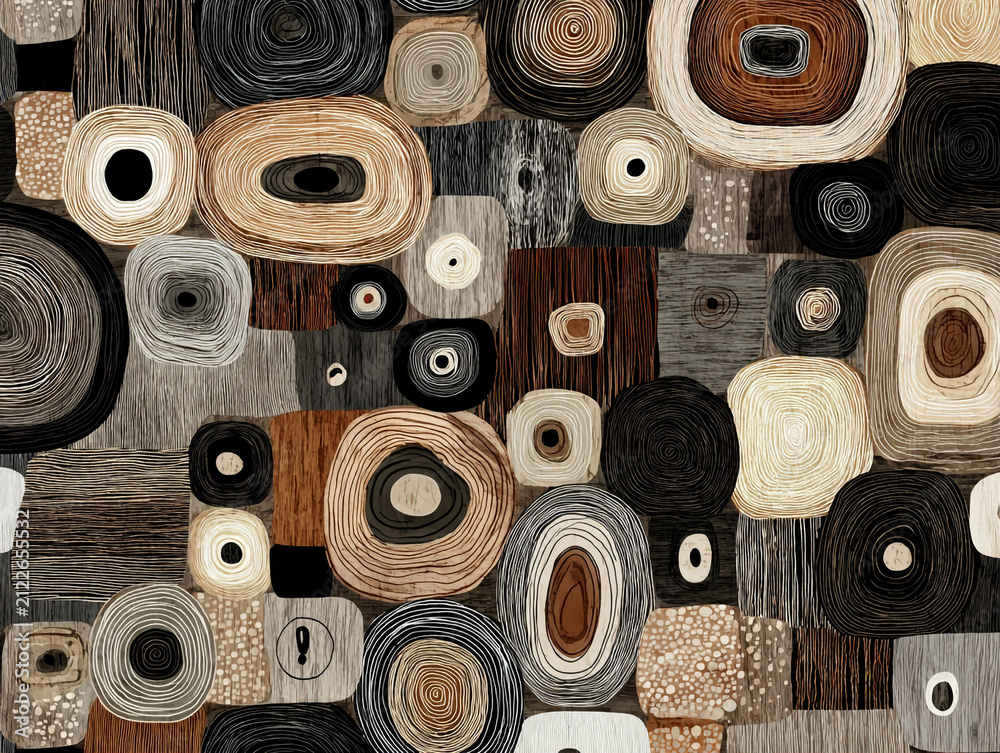 Fototapeta premium Seamless woodgrain pattern with organic lines and shapes in earth tones, neutral brown, grey, and black accents in a modern boho vector doodle design style.