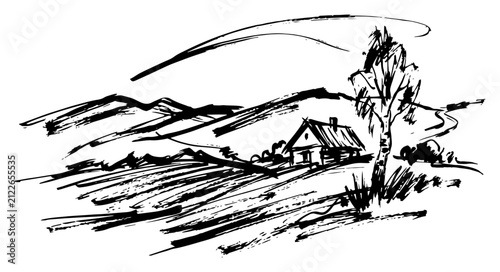 Foto Rural landscape with wooden cottage house and hills in expressive artistic ink s