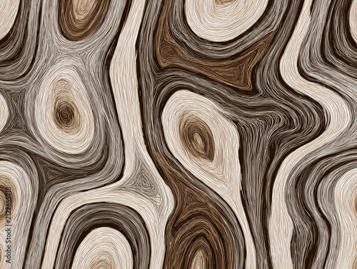 Seamless woodgrain pattern with organic lines and shapes in earth tones, neutral brown, grey, and black accents in a modern boho vector doodle design style.