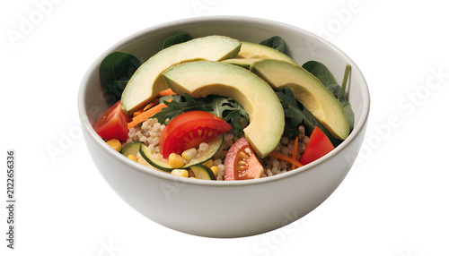 Fresh and healthy vegetarian salad bowl topped with sliced fresh avocados, ripe tomatoes, sweet corn, grains, and leafy greens arranged nicely inside a white ceramic bowl on isolated white background.