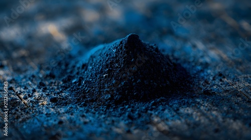 Close up of dark blue indigo pigment powder mound on rough rustic wooden surface in dramatic light