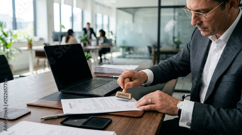 Business man stamping contract in modern office with laptop, busy workplace background