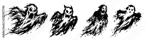 Cuadro en lienzo Spooky flying ghosts with scary faces in expressive hand drawn ink sketch style