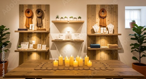 Cozy Boutique Display with Candles, Scarves, and Jewelry on Wooden Shelves