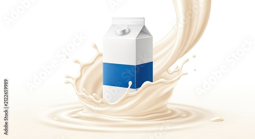 Milk carton splashing in liquid, fresh dairy beverage, healthy drink advertisement concept