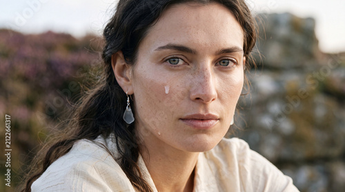 portrait of a young caucasian woman with freckles and tears on her face outdoors