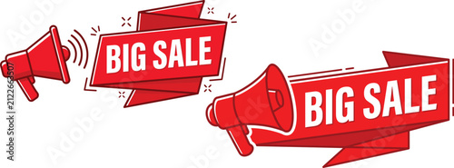 Big sale megaphone promotional banners with ribbon design for retail.