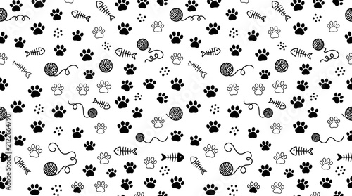 Cute seamless pattern with cat paw prints fish bones and yarn balls, perfect for pet store branding, textile printing and animal website background