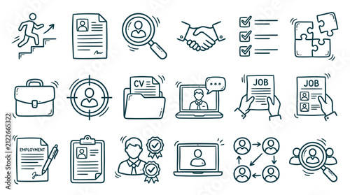 Doodle icon set representing job search, recruitment process and career development for hr manager, perfect for recruitment presentation, hiring website banner and career portal marketing